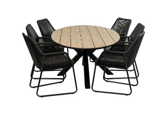 7-delige tuinset | 6 Mona tuinstoelen (Black) | 220cm ovale Cyprus tuintafel (Wood)