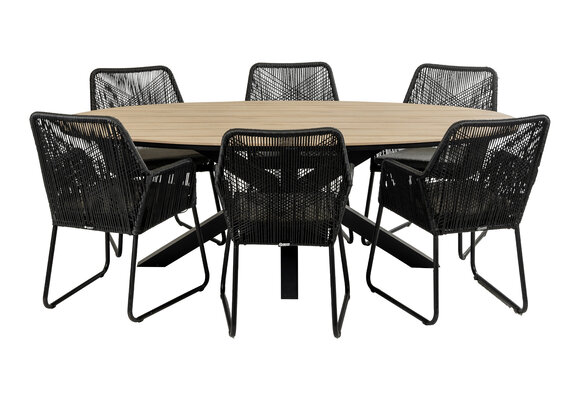 7-delige tuinset | 6 Mona tuinstoelen (Black) | 220cm ovale Cyprus tuintafel (Wood)