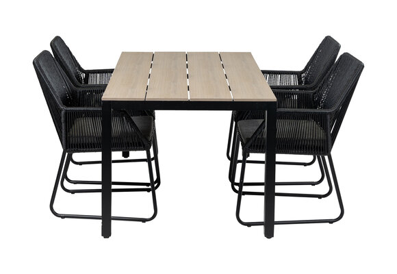 5-delige tuinset | 4 Mona tuinstoelen (Black) | 160cm Cyprus tuintafel (Wood)