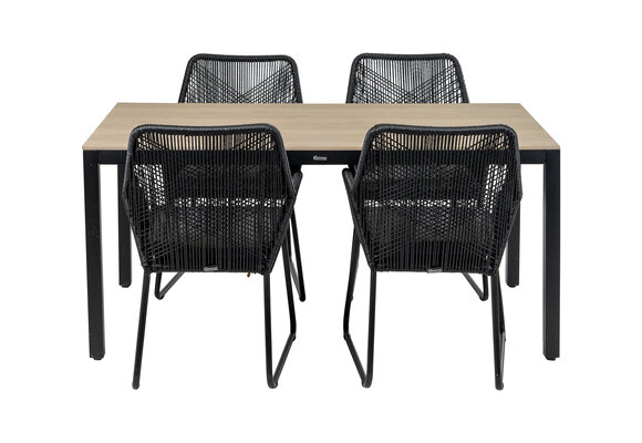 5-delige tuinset | 4 Mona tuinstoelen (Black) | 160cm Cyprus tuintafel (Wood)