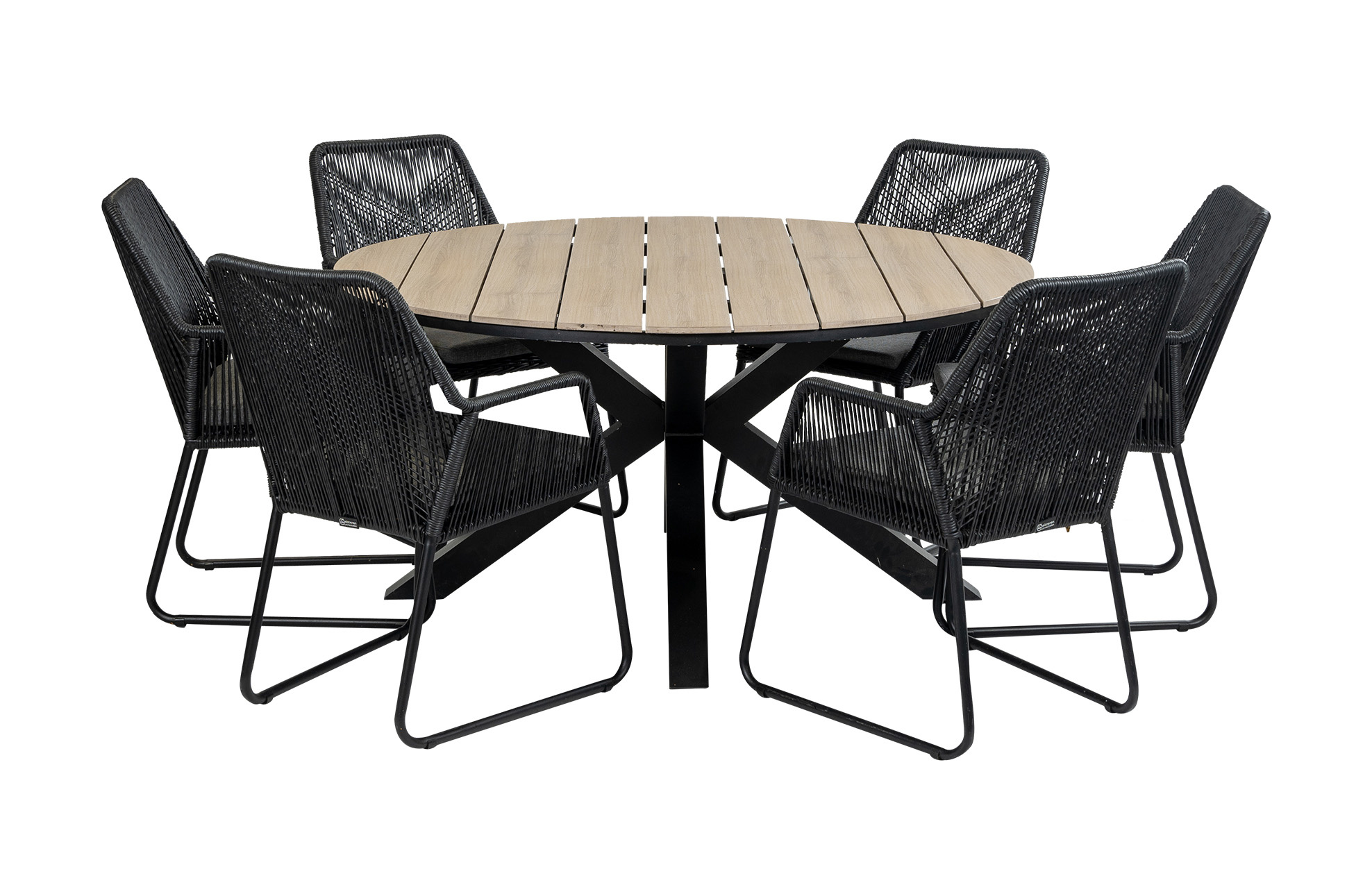 4 Seizoenen Tuinmeubelen 7-delige ronde tuinset | 6 Mona tuinstoelen (Black) | ⌀150cm Cyprus tuintafel (Wood)
