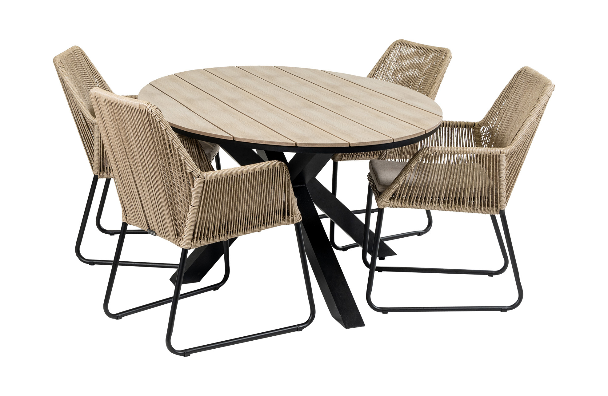 4 Seizoenen Tuinmeubelen 5-delige tuinset | 4 Mona tuinstoelen (Sand) | 180cm ovale Cyprus tuintafel (Wood)