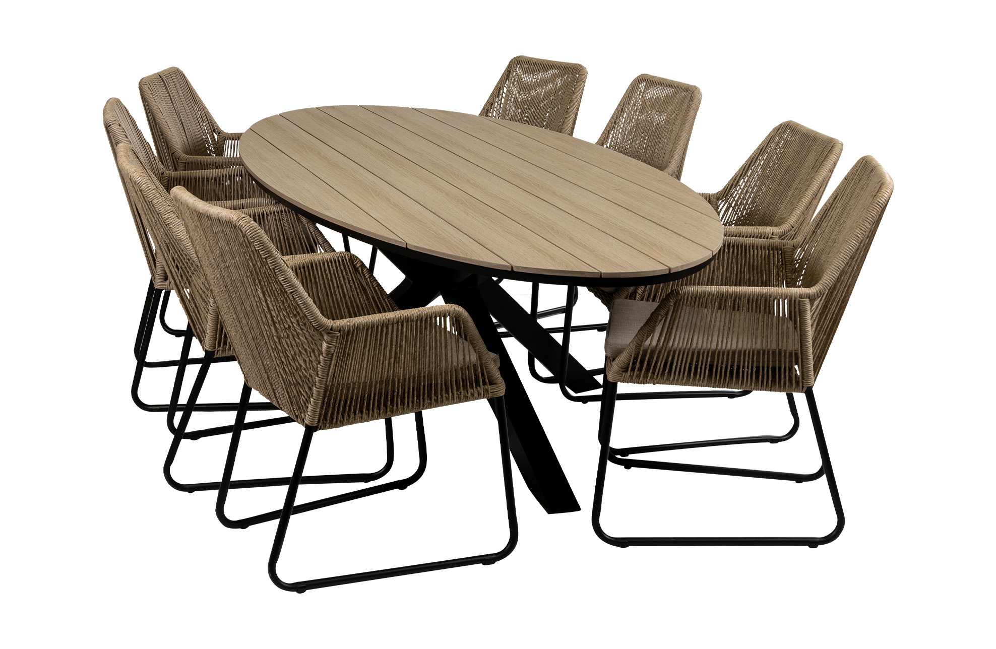 4 Seizoenen Tuinmeubelen 9-delige tuinset | 8 Mona tuinstoelen (sand) | 280cm ovale Cyprus tuintafel (Wood)