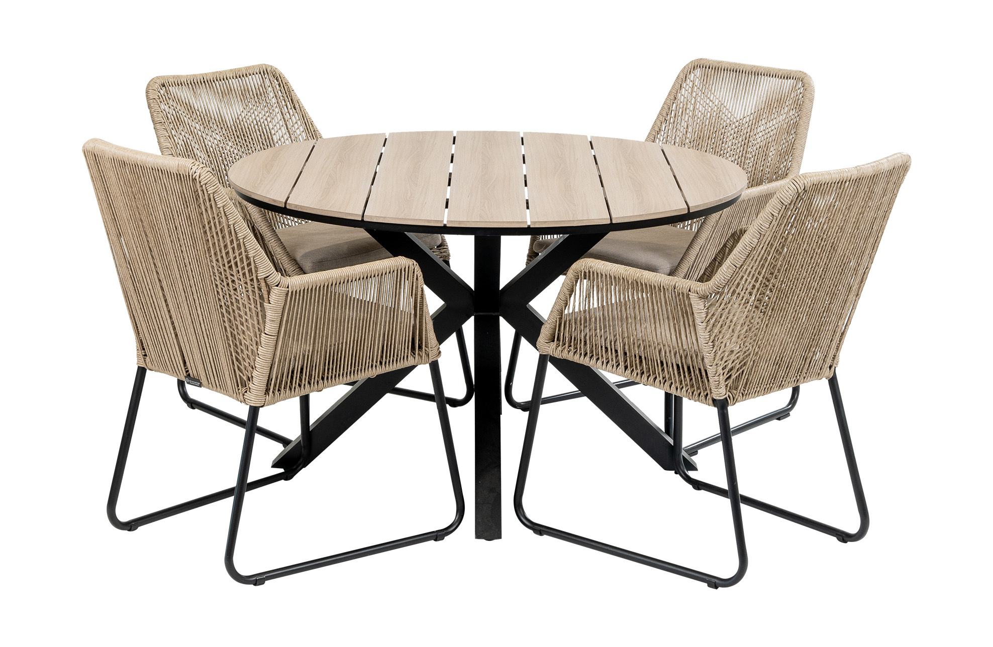 4 Seizoenen Tuinmeubelen 5-delige ronde tuinset | 4 Mona tuinstoelen (Sand) | ⌀120cm Cyprus tuintafel (Wood)