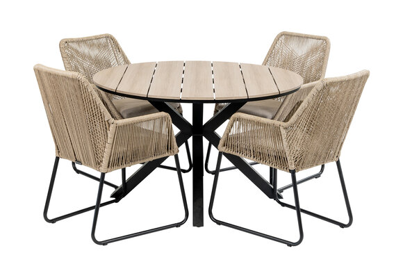 5-delige ronde tuinset | 4 Mona tuinstoelen (Sand) | ⌀120cm Cyprus tuintafel (Wood)