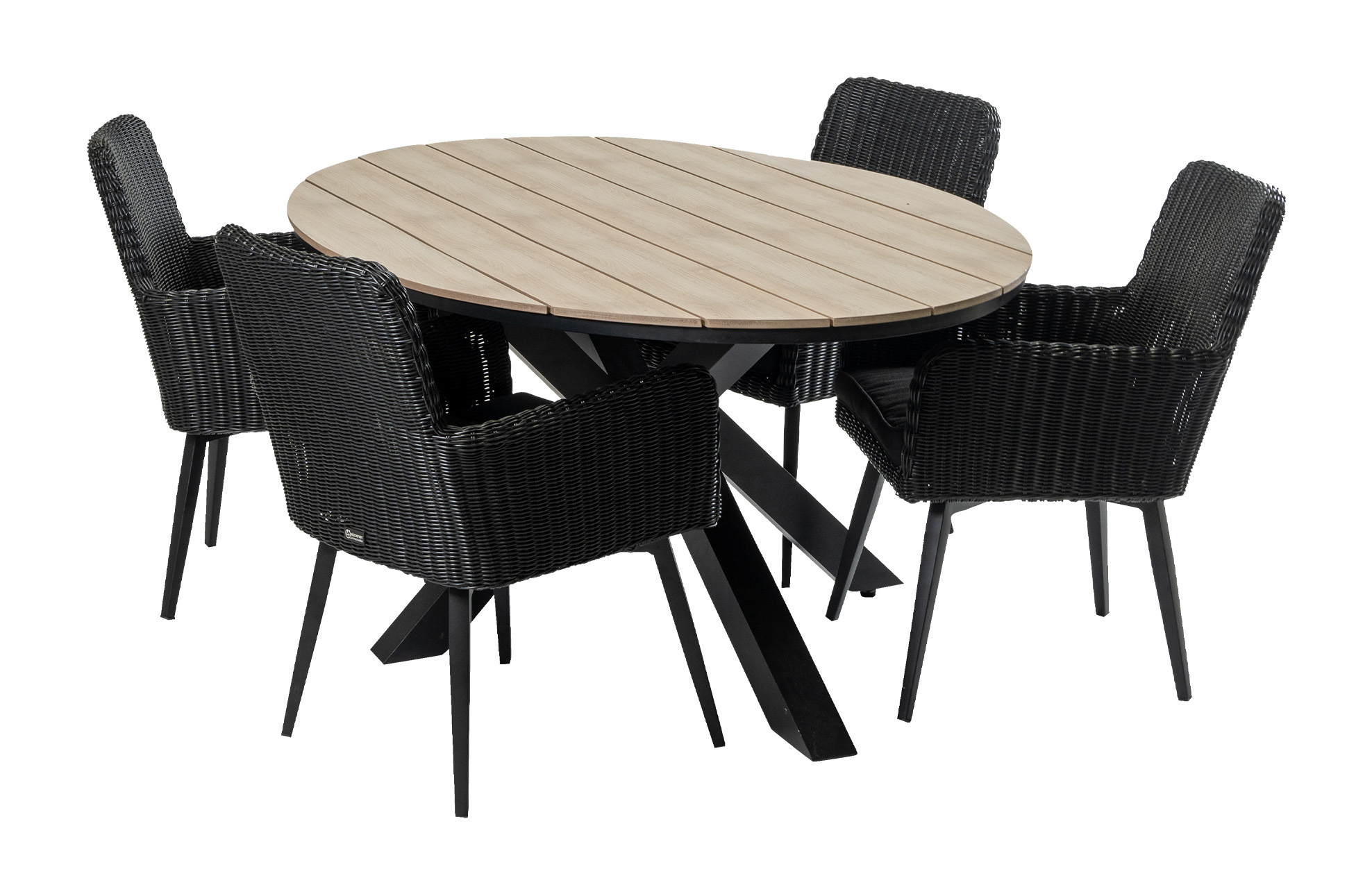 4 Seizoenen Tuinmeubelen 5-delige tuinset | 4 Pisa tuinstoelen (Black) | 180cm ovale Cyprus tuintafel (Wood)
