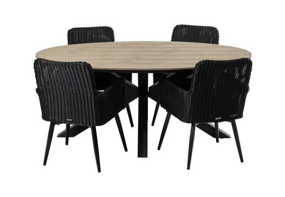 5-delige tuinset | 4 Pisa tuinstoelen (Black) | 180cm ovale Cyprus tuintafel (Wood)