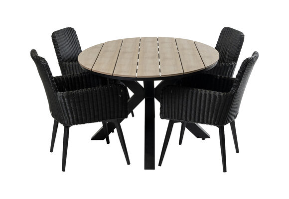 5-delige tuinset | 4 Pisa tuinstoelen (Black) | 180cm ovale Cyprus tuintafel (Wood)