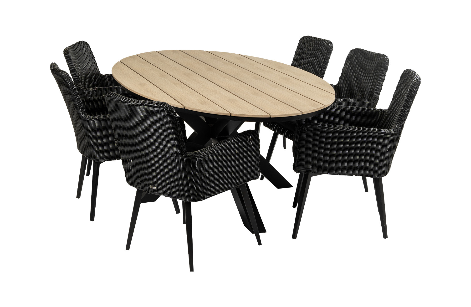 4 Seizoenen Tuinmeubelen 7-delige tuinset | 6 Pisa tuinstoelen (Black) | 220cm ovale Cyprus tuintafel (Wood)