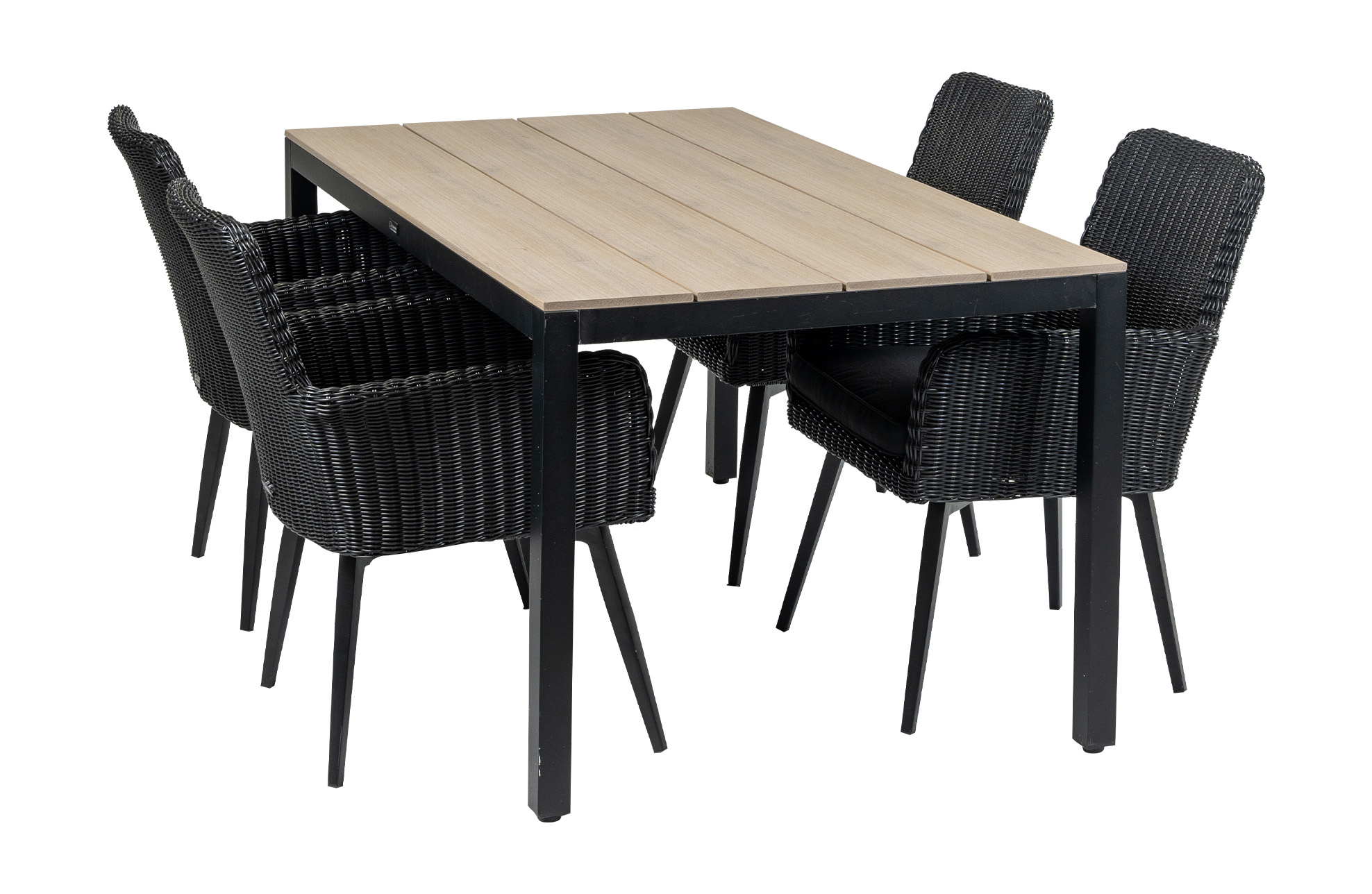 4 Seizoenen Tuinmeubelen 5-delige tuinset | 4 Pisa stoelen (Black) | 160cm Cyprus tuintafel (Wood)