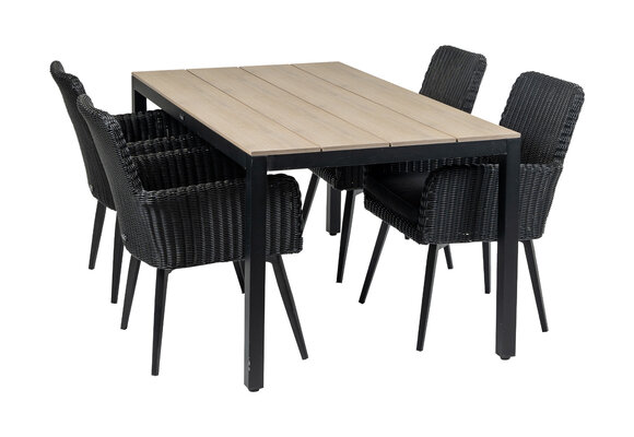 5-delige tuinset | 4 Pisa stoelen (Black) | 160cm Cyprus tuintafel (Wood)