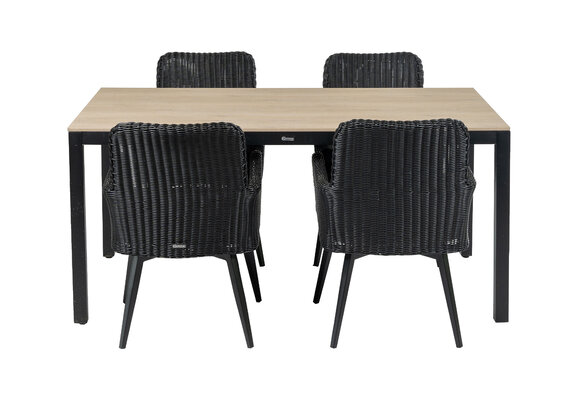 5-delige tuinset | 4 Pisa stoelen (Black) | 160cm Cyprus tuintafel (Wood)