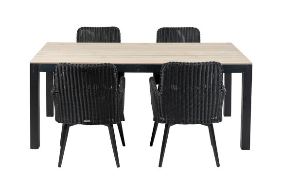 5-delige tuinset | 4 Pisa stoelen (Black) | 180cm Cyprus tuintafel (Wood)