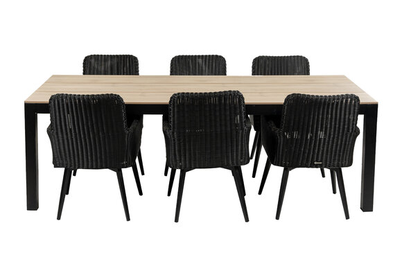 7-delige tuinset | 6 Pisa stoelen (Black) | 225cm Cyprus tuintafel (Wood)