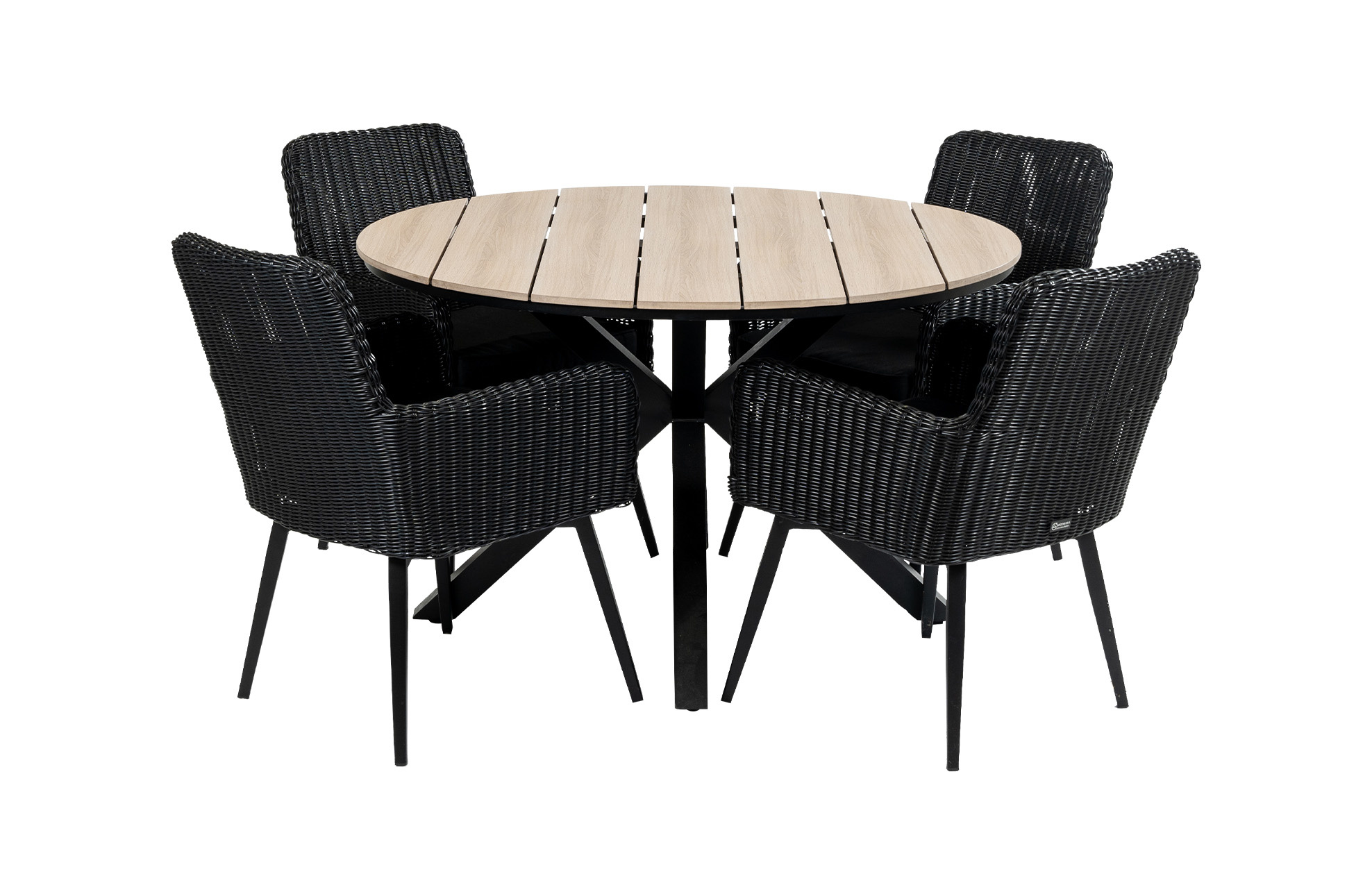 4 Seizoenen Tuinmeubelen 5-delige ronde tuinset | 4 Pisa tuinstoelen (Black) | ⌀120cm Cyprus tuintafel (Wood)