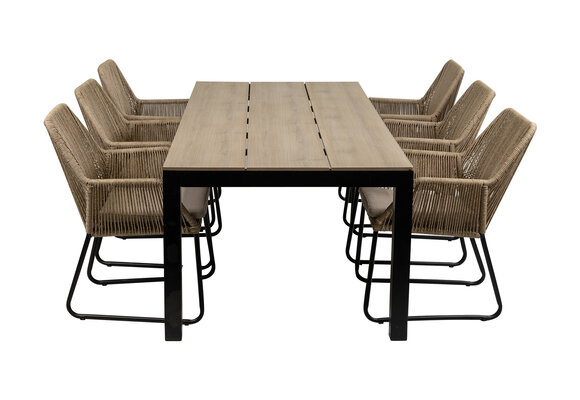 7-delige tuinset | 6 Mona tuinstoelen (Sand) | 225cm Cyprus tuintafel (Wood)