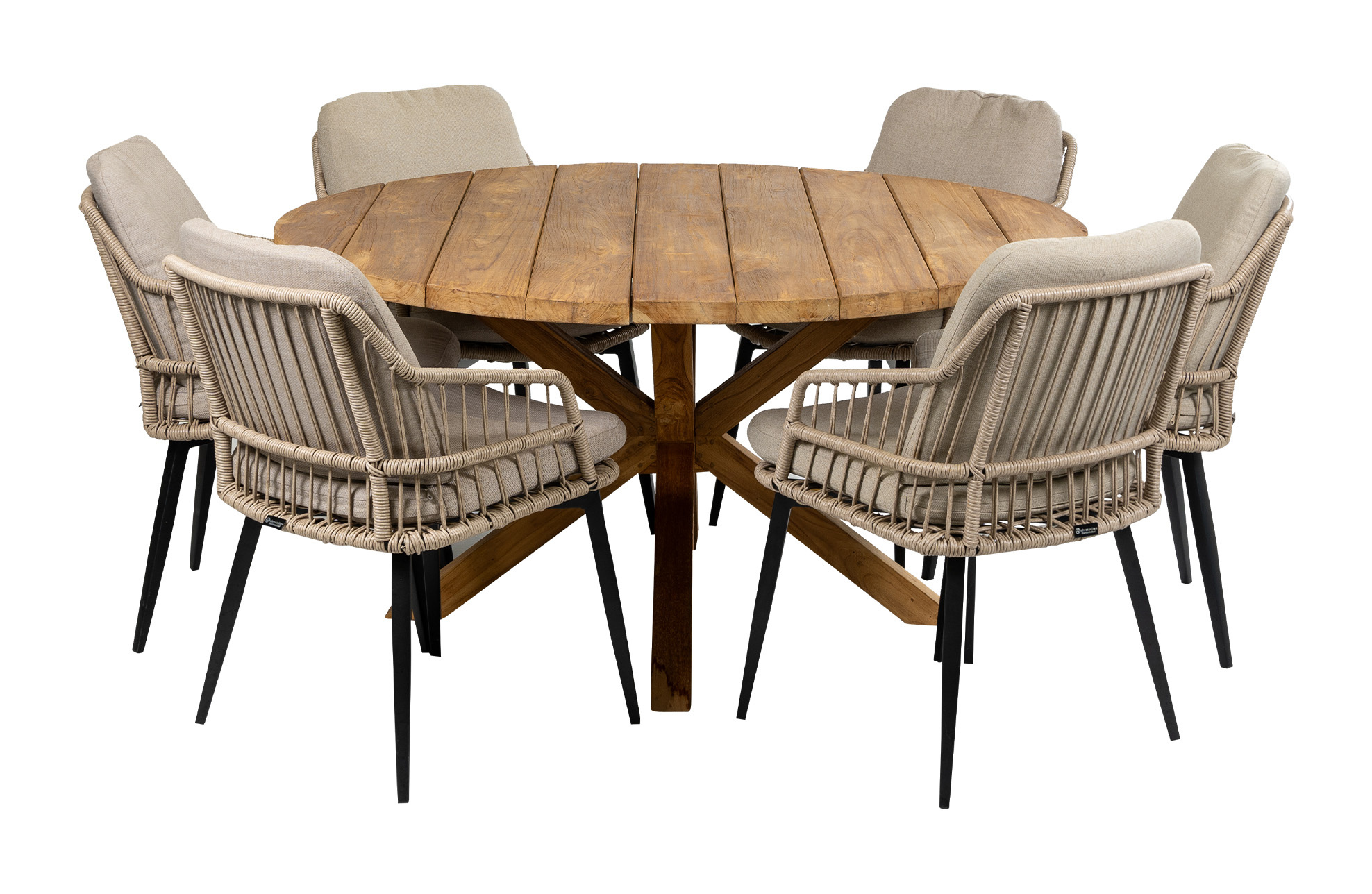 4 Seizoenen Tuinmeubelen 7-delige ronde tuinset | 6 Isabel tuinstoelen (Sand) | ø150cm Ayra  tuintafel (Teak)