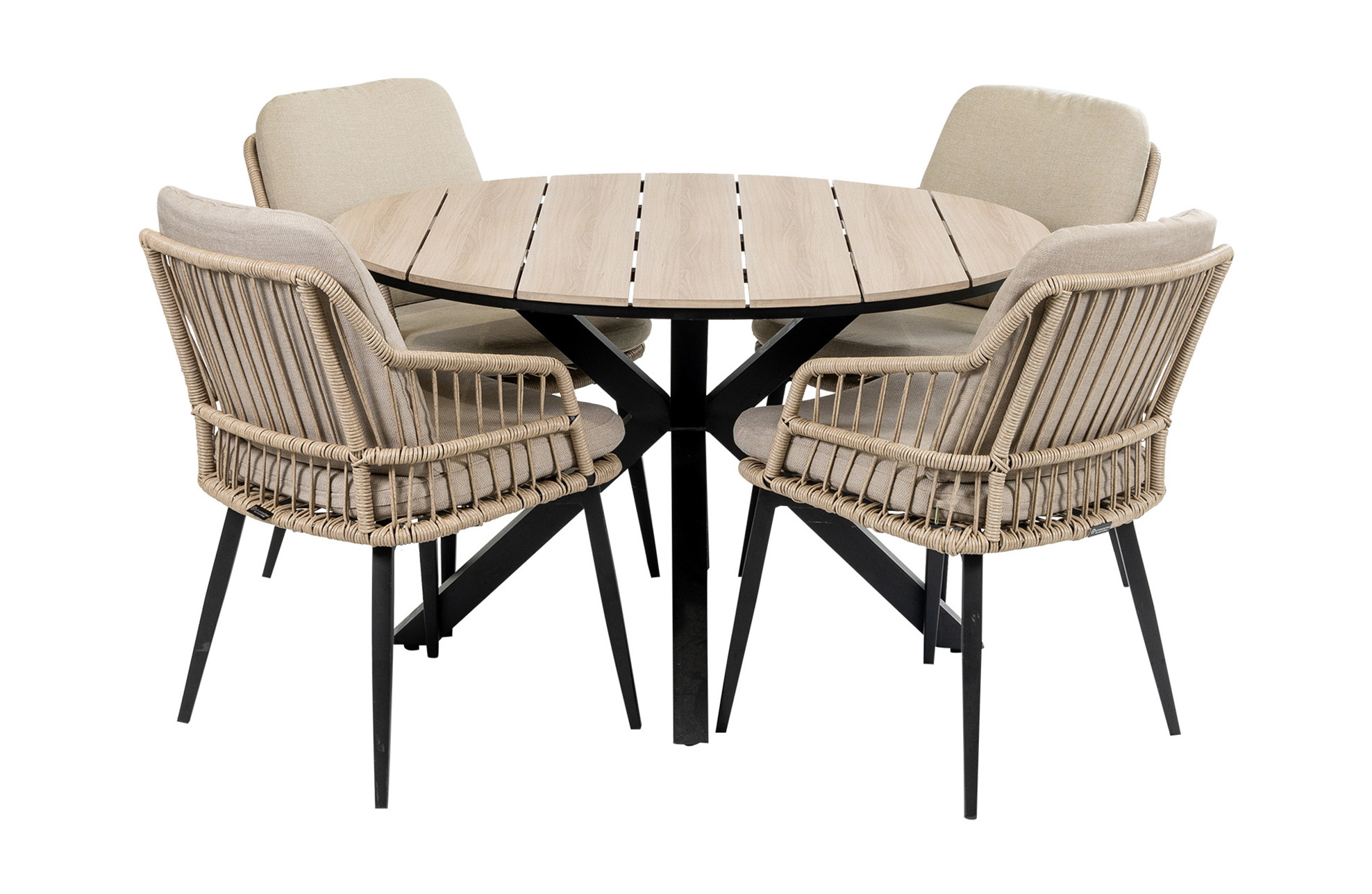 4 Seizoenen Tuinmeubelen 5-delige ronde tuinset | 4 Isabel tuinstoelen (Sand) | ø120cm Cyprus tuintafel (Wood)