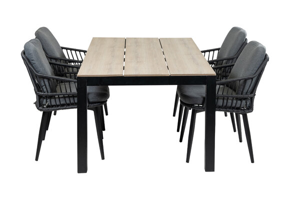 5-delige tuinset | 4 Isabel tuinstoelen (Black) | 180cm Cyprus tuintafel (Wood)