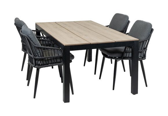 5-delige tuinset | 4 Isabel tuinstoelen (Black) | 180cm Cyprus tuintafel (Wood)
