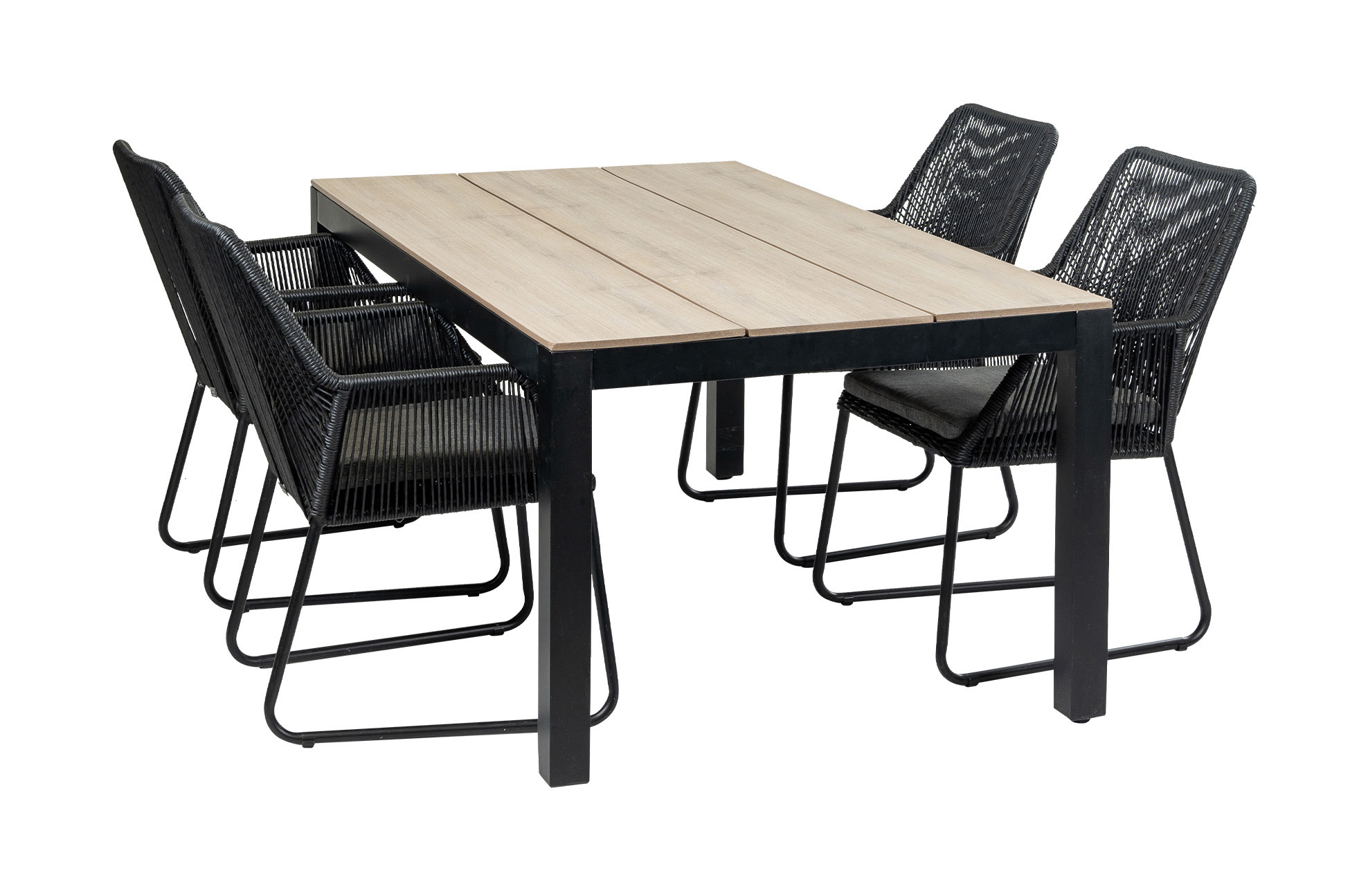 4 Seizoenen Tuinmeubelen 5-delige tuinset | 4 Mona tuinstoelen (Black) | 180cm Cyprus tuintafel (Wood)