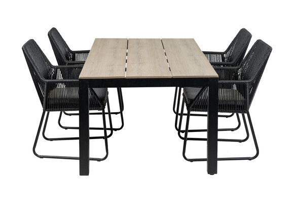 5-delige tuinset | 4 Mona tuinstoelen (Black) | 180cm Cyprus tuintafel (Wood)