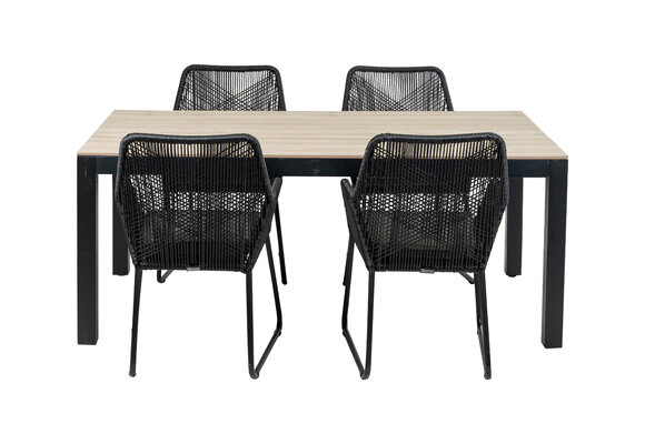 5-delige tuinset | 4 Mona tuinstoelen (Black) | 180cm Cyprus tuintafel (Wood)