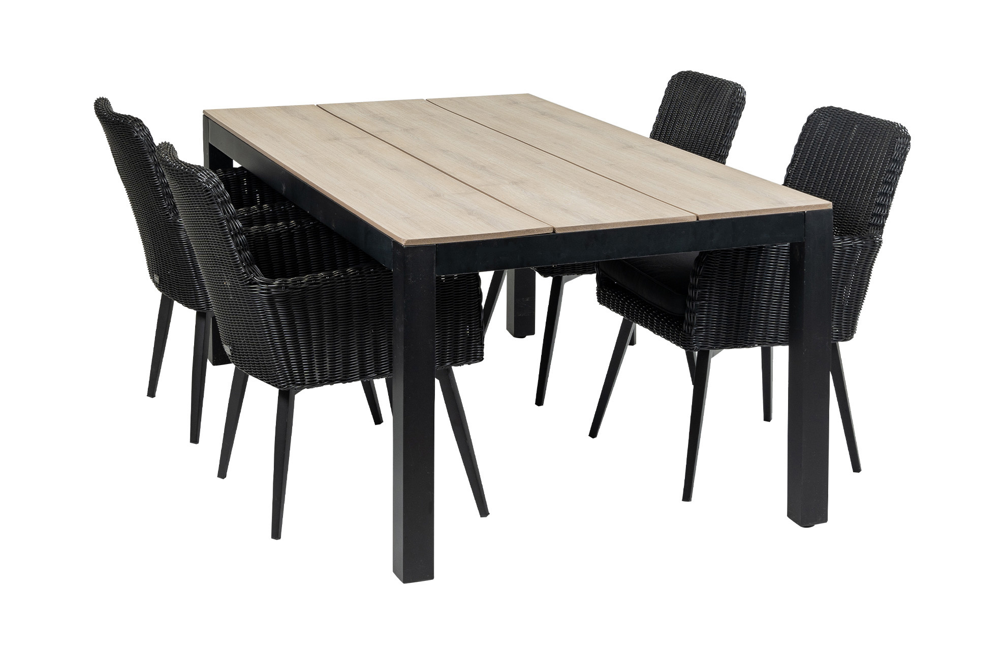 4 Seizoenen Tuinmeubelen 5-delige tuinset | 4 Pisa stoelen (Black) | 180cm Cyprus tuintafel (Wood)