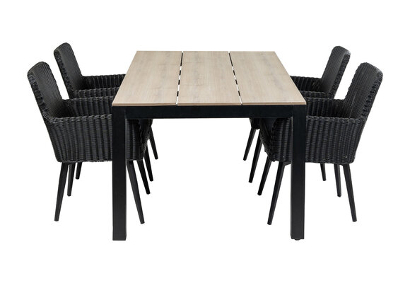 5-delige tuinset | 4 Pisa stoelen (Black) | 180cm Cyprus tuintafel (Wood)