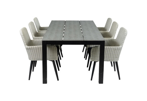 7-delige tuinset | 6 Pisa stoelen (White) | 225cm Cyprus tuintafel (Grey)