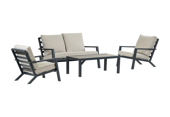 Stoel-bank Loungeset Bezano | met 2-persoonsbank | Matt Black/Off White |  Aluminium