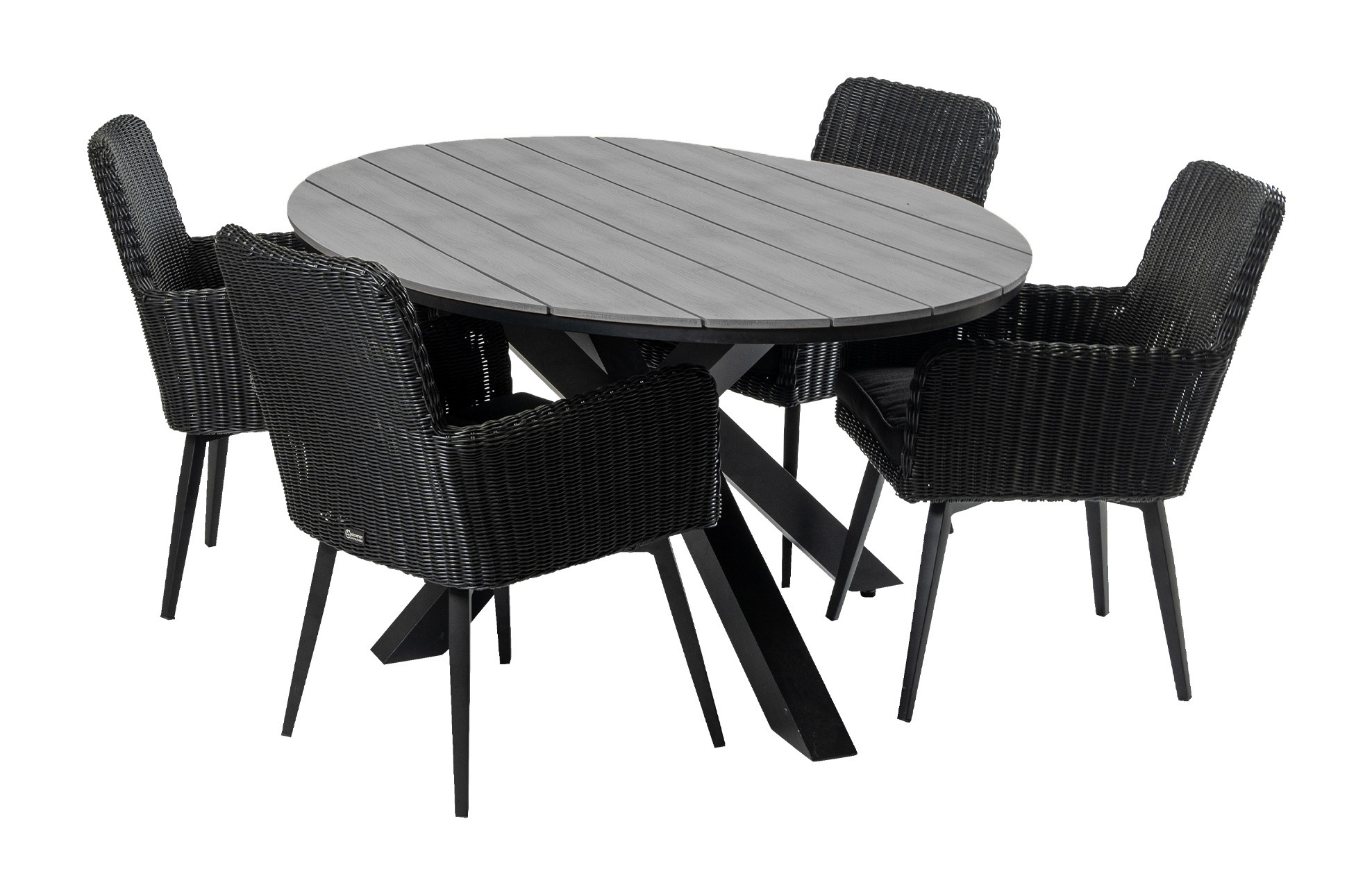 4 Seizoenen Tuinmeubelen 5-delige tuinset | 4 Pisa tuinstoelen (Black) | 180cm ovale Cyprus tuintafel (Grey)