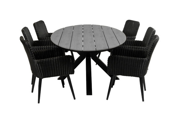 7-delige tuinset | 6 Pisa tuinstoelen (Black) | 220cm ovale Cyprus tuintafel (Grey)