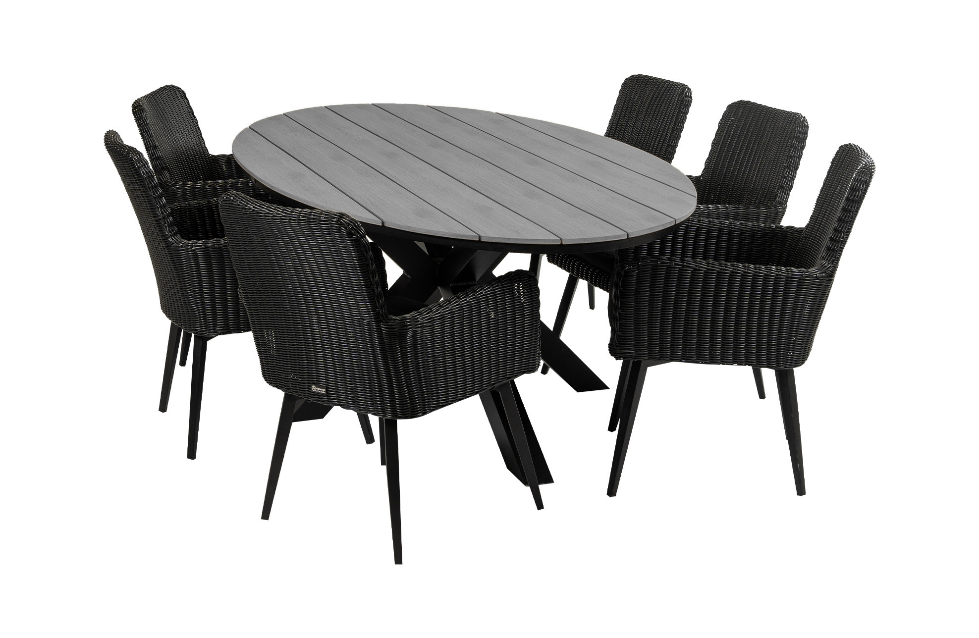 4 Seizoenen Tuinmeubelen 7-delige tuinset | 6 Pisa tuinstoelen (Black) | 220cm ovale Cyprus tuintafel (Grey)