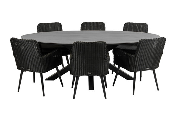 7-delige tuinset | 6 Pisa tuinstoelen (Black) | 220cm ovale Cyprus tuintafel (Grey)