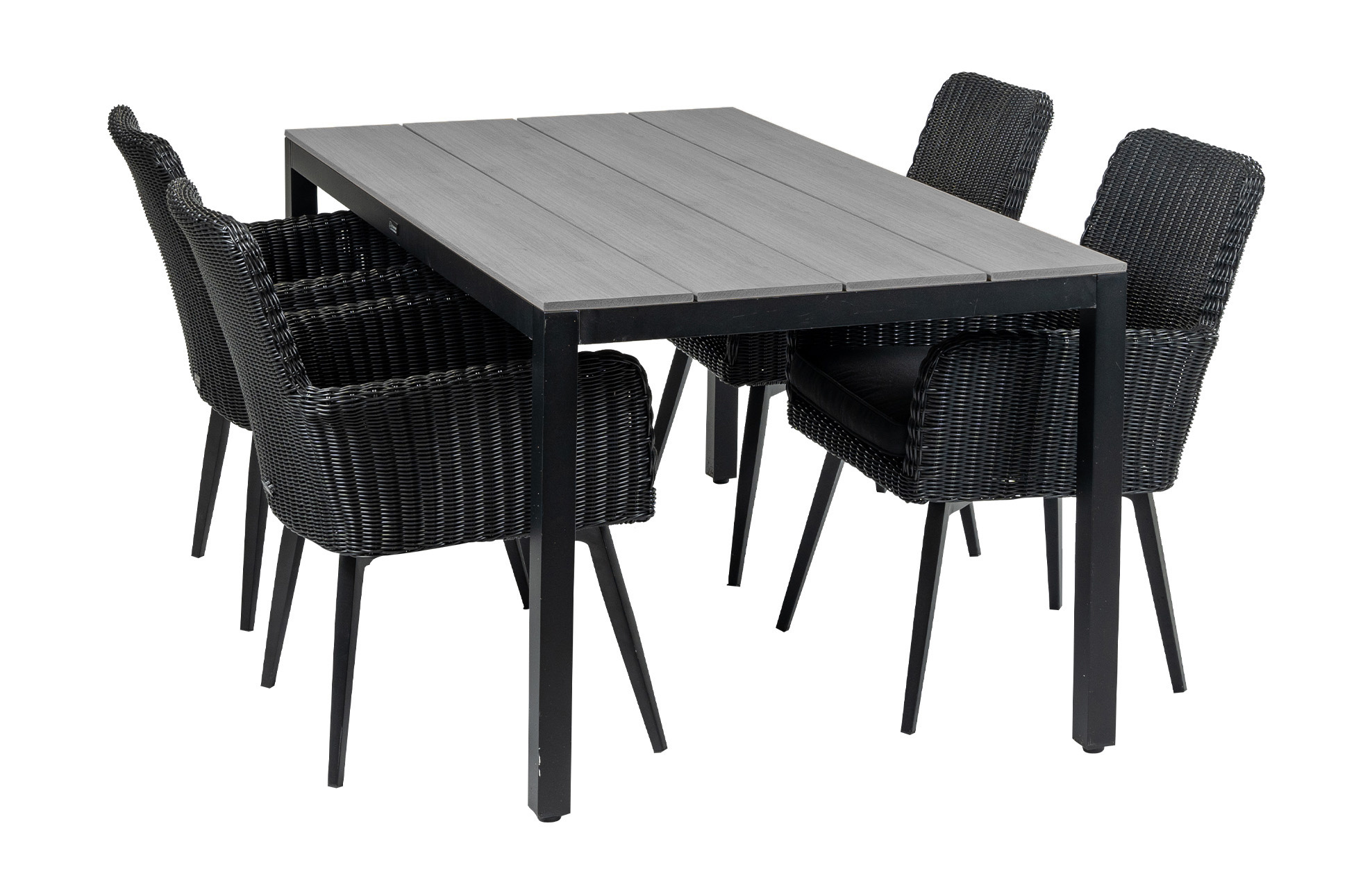 4 Seizoenen Tuinmeubelen 5-delige tuinset | 4 Pisa stoelen (Black) | 160cm Cyprus tuintafel (Grey)