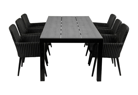 7-delige tuinset | 6 Pisa stoelen (Black) | 225cm Cyprus tuintafel (Grey)