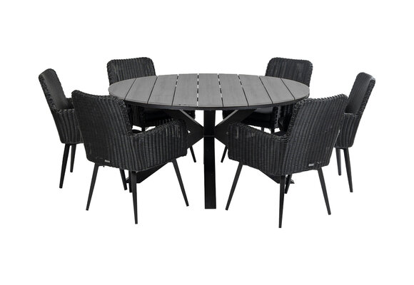7-delige ronde tuinset | 6 Pisa tuinstoelen (Black) | ⌀150cm Cyprus tuintafel (Grey)