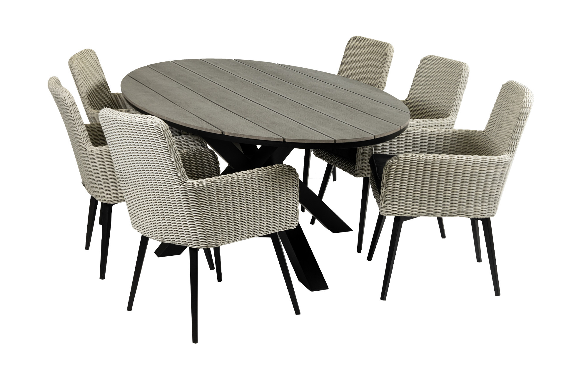 4 Seizoenen Tuinmeubelen 7-delige tuinset | 6 Pisa tuinstoelen (White) | 220cm ovale Cyprus tuintafel (Grey)