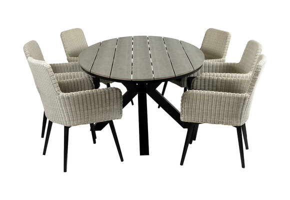 7-delige tuinset | 6 Pisa tuinstoelen (White) | 220cm ovale Cyprus tuintafel (Grey)