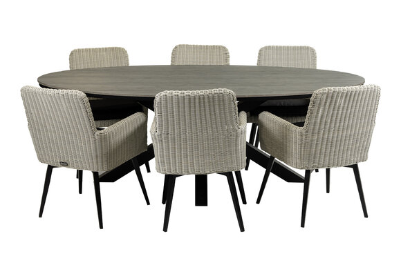 7-delige tuinset | 6 Pisa tuinstoelen (White) | 220cm ovale Cyprus tuintafel (Grey)