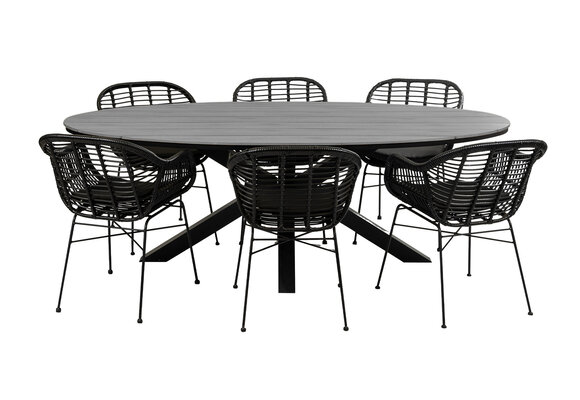 7-delige tuinset | 6 Oslo dining tuinstoelen (Black) | 220cm ovale Cyprus tuintafel (Grey)
