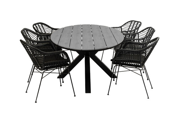 7-delige tuinset | 6 Oslo dining tuinstoelen (Black) | 220cm ovale Cyprus tuintafel (Grey)