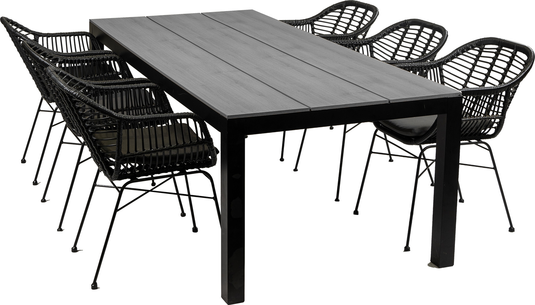 4 Seizoenen Tuinmeubelen 7-delige tuinset | 6 Oslo dining tuinstoelen (Black) | 225cm Cyprus tuintafel (Grey)
