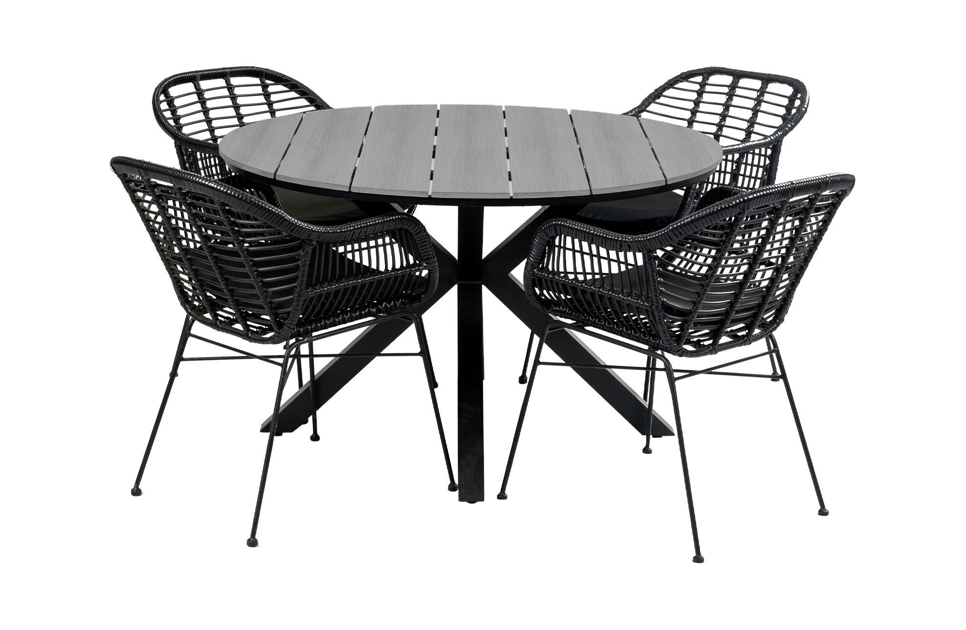 4 Seizoenen Tuinmeubelen 5-delige ronde tuinset | 4 Oslo dining tuinstoelen (Black) | ⌀ 120cm Cyprus tuintafel (Grey)