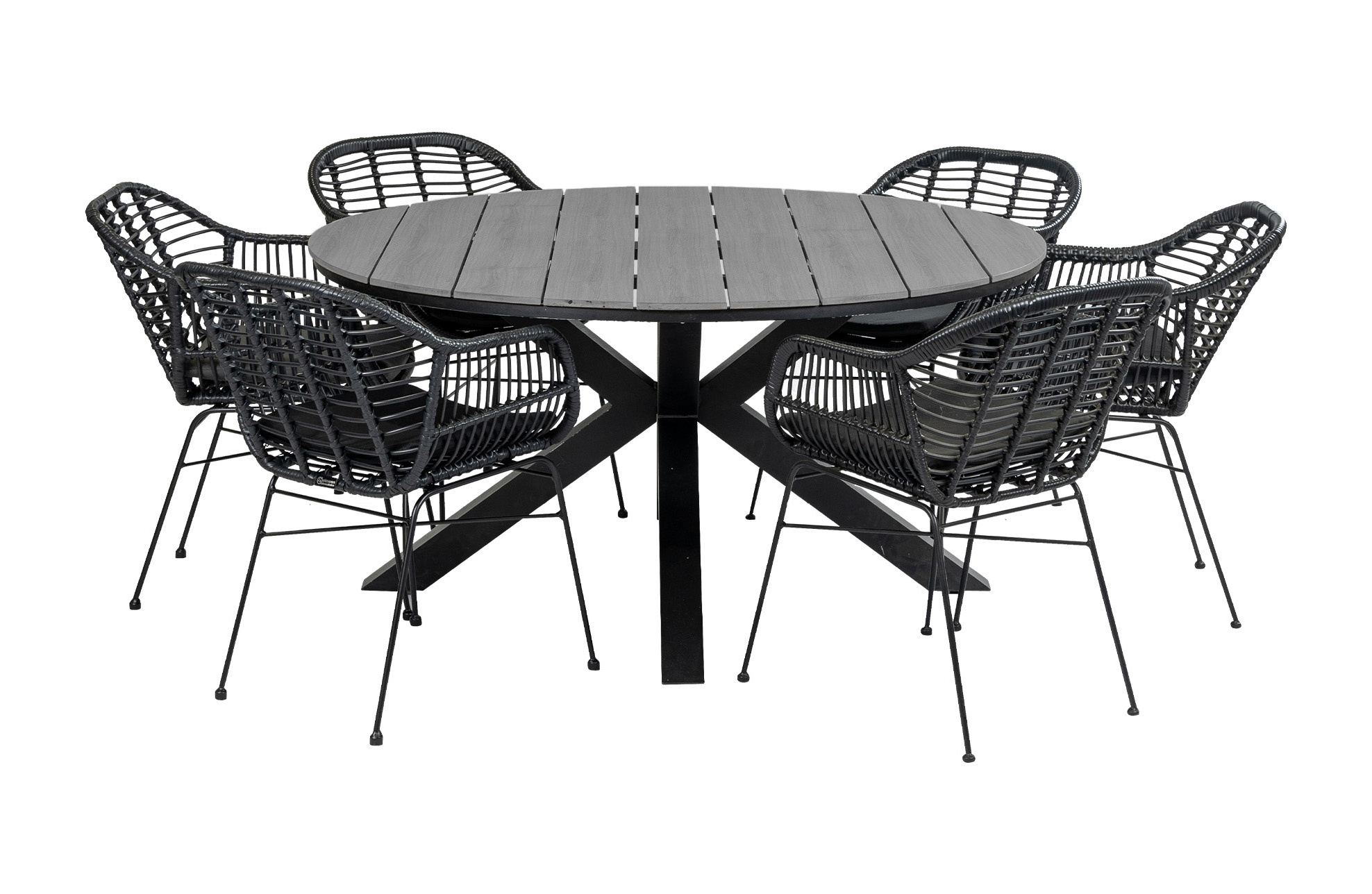 4 Seizoenen Tuinmeubelen 7-delige ronde tuinset | 6 Oslo dining tuinstoelen (Black) | ⌀ 150cm Cyprus tuintafel (Grey)