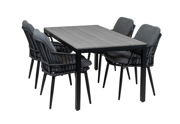 5-delige tuinset | 4 Isabel tuinstoelen (Black) | 160cm Cyprus tuintafel (Grey)
