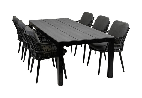 7-delige tuinset | 6 Isabel tuinstoelen (Black) | 225cm Cyprus tuintafel (Grey)