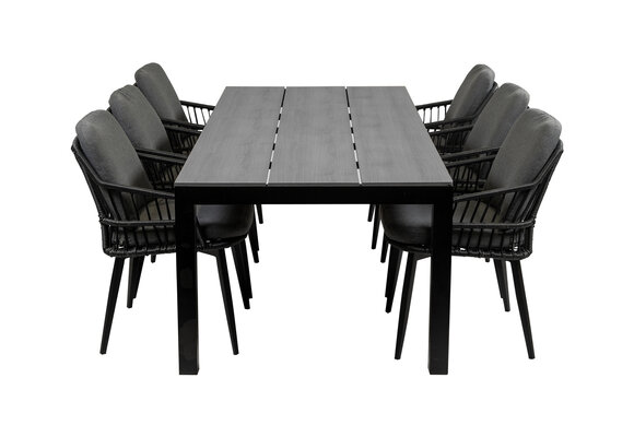 7-delige tuinset | 6 Isabel tuinstoelen (Black) | 225cm Cyprus tuintafel (Grey)