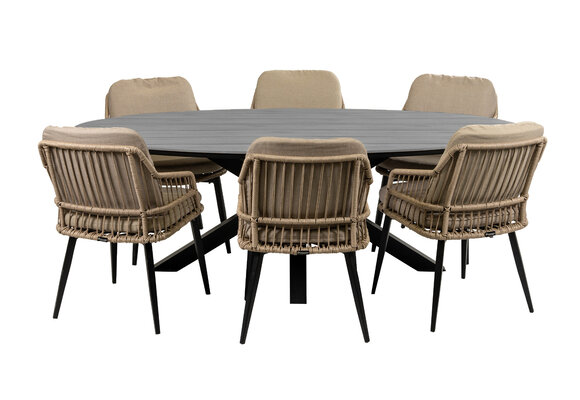 7-delige tuinset | 6 Isabel stoelen (Sand) | 220cm ovale Cyprus tuintafel (Grey)